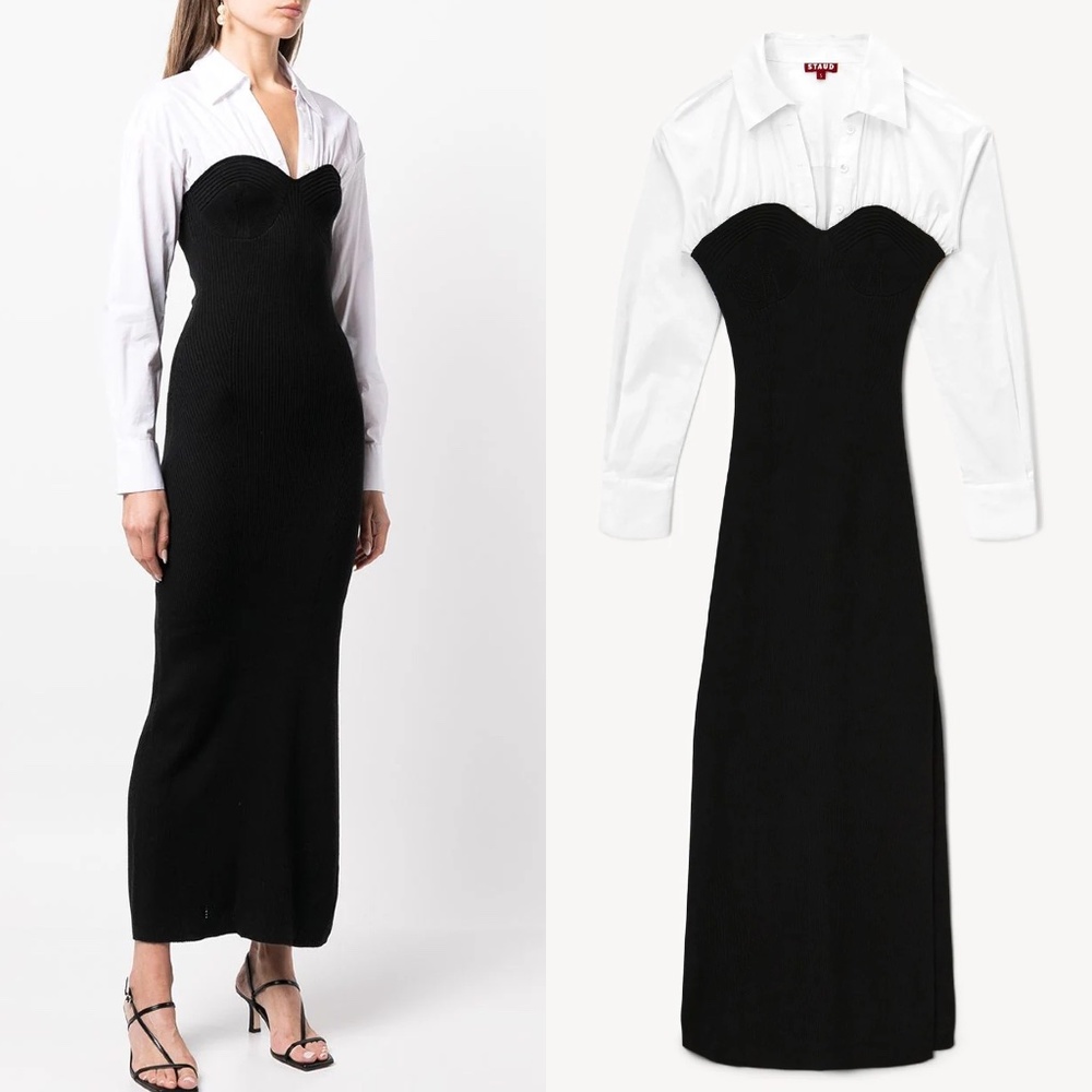 ❌SOLD❌STAUD hazel poplin knit combo corset detail midi dress FINAL PRICE - Picture 3 of 9